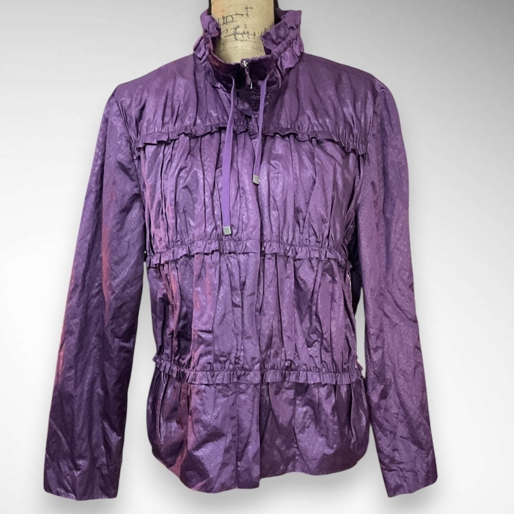 CHICOS Purple Metallic Full Zip Front Ruffle Trim Lined Jacket Large | EUC